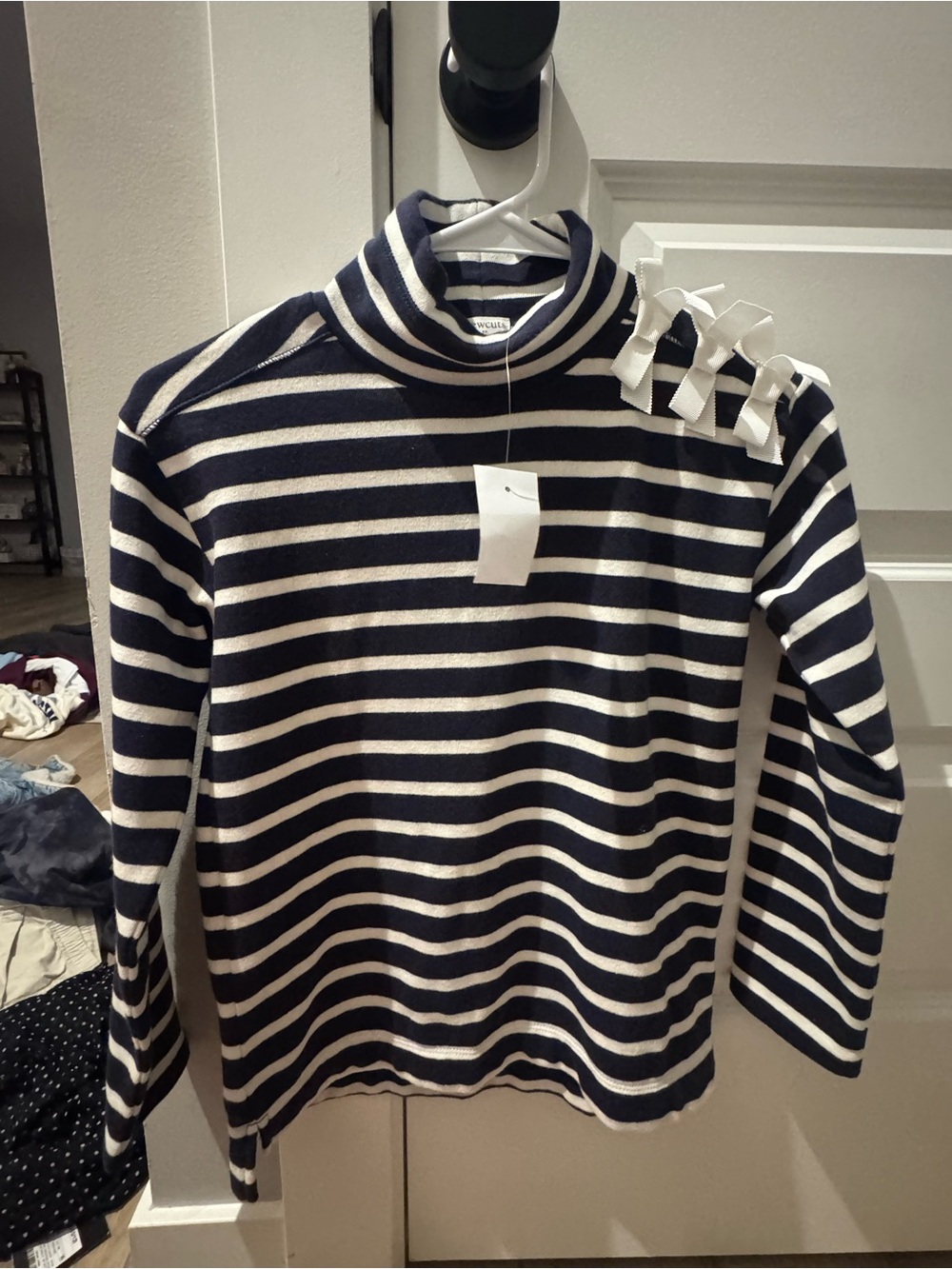Crewcuts Striped Navy and White Turtleneck Sweater with Shoulder Bows